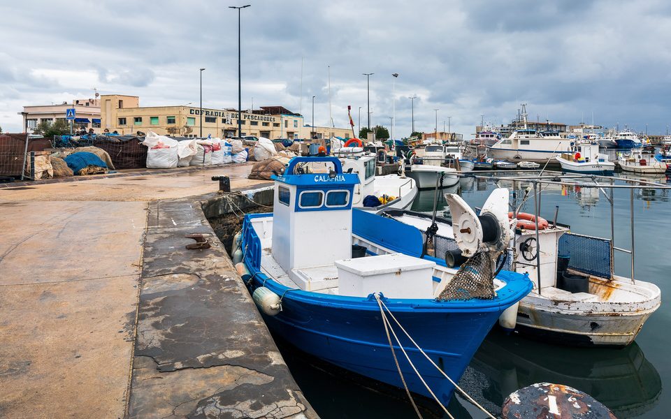 Blå og hvide fiskerbåde i arbejdshavnen i Santa Pola