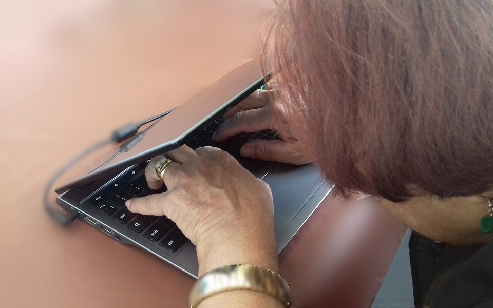 Person ved en bærbar computer, som delvist lukkes for privatliv